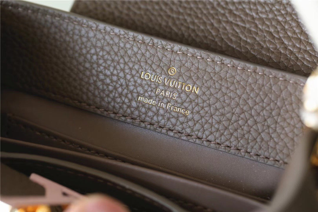 LV Capucines Mini Taurillon Smokey Brown Green/ Creme/ Pink For Women, Shoulder And Crossbody Bags 21cm/8.3in LV