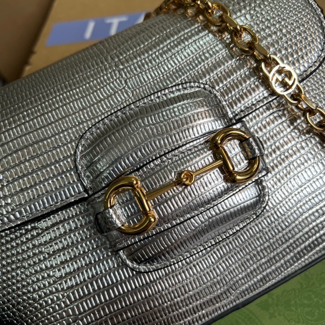 gg Horsebit 1955 Lizard Mini Bag Silver For Women, Women&#8217;s Bags 8in/20cm gg‎