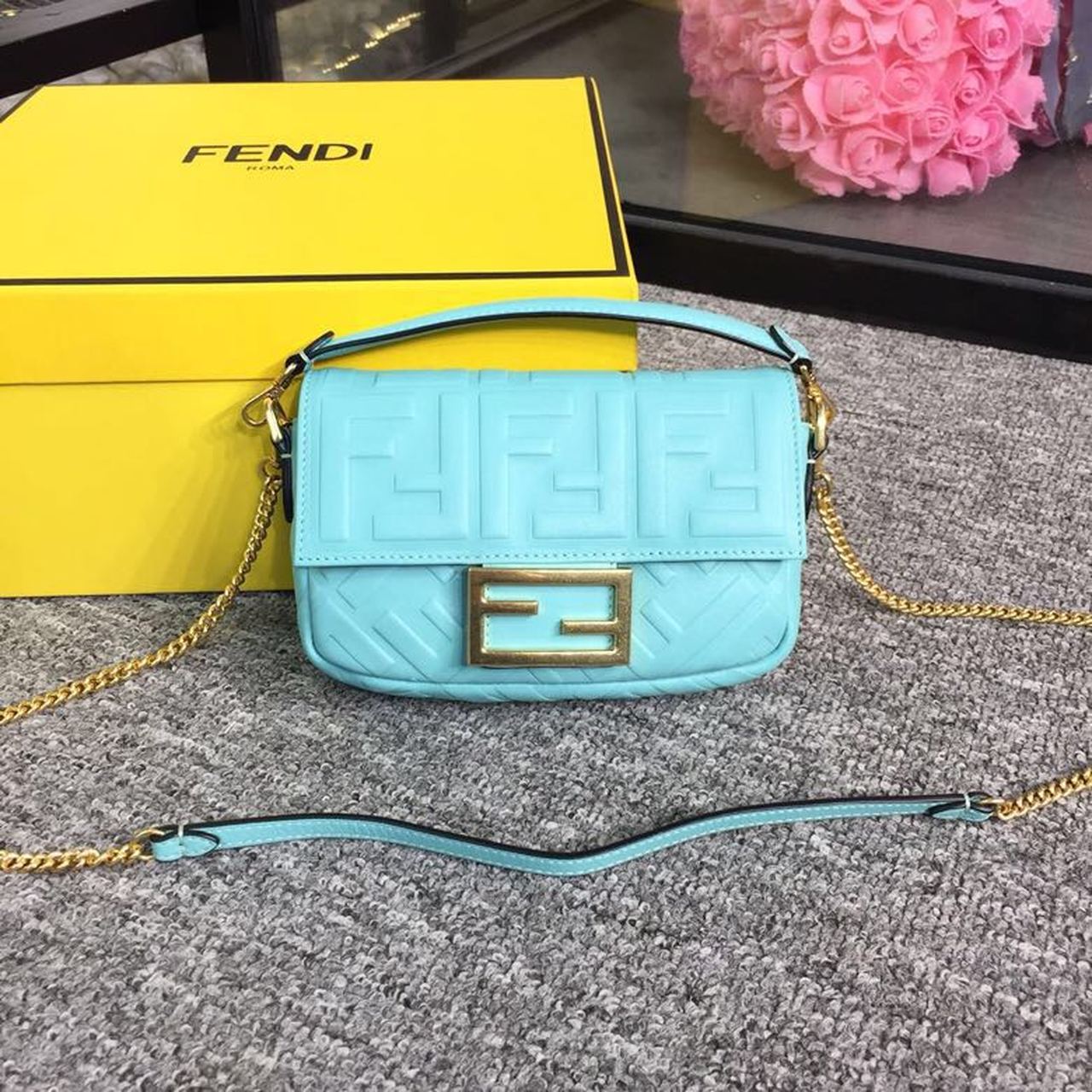 FI Baguette Nappa Light Blue For Women, Women’s Handbags, Shoulder And Crossbody Bags 7.4in/19cm FF 8BS017