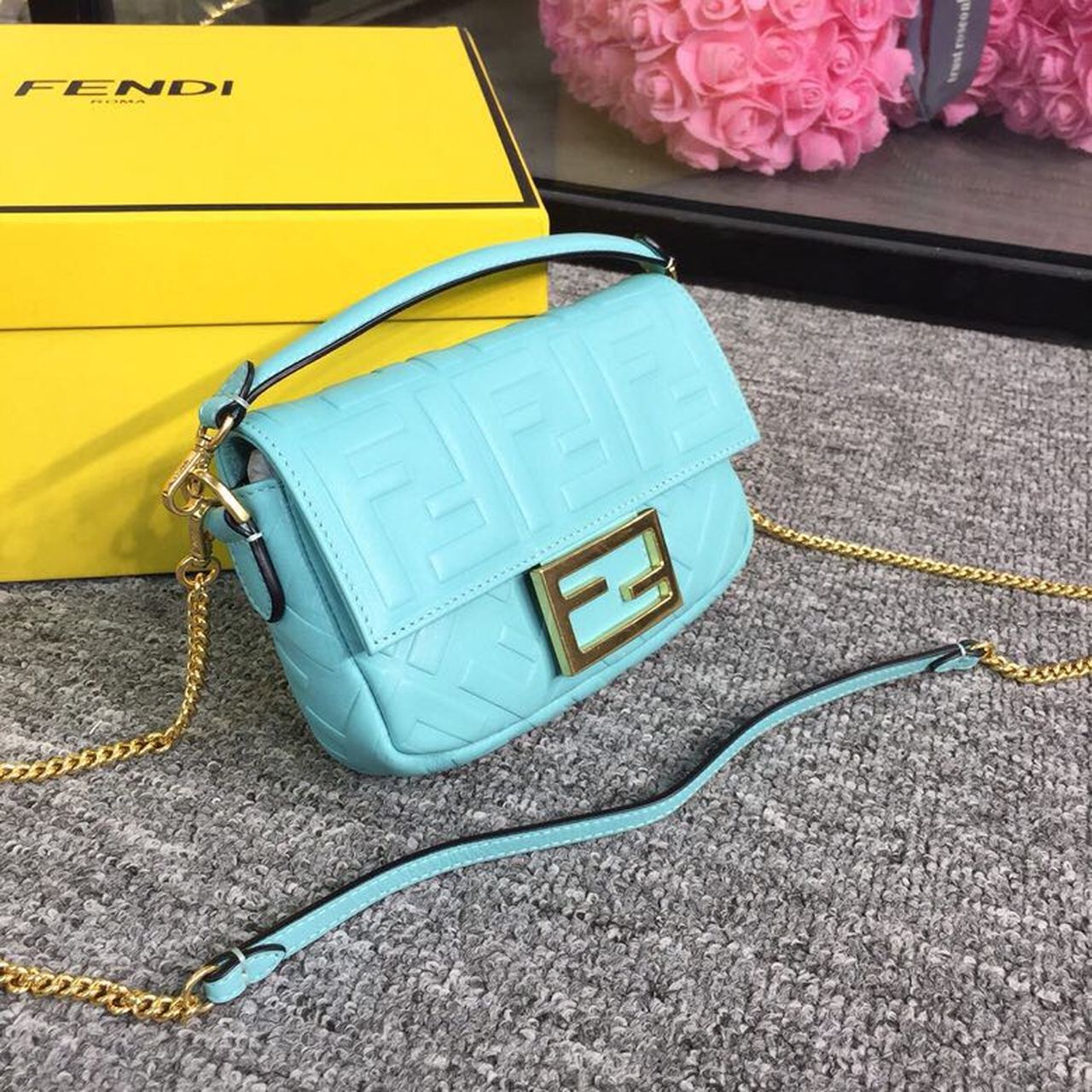 FI Baguette Nappa Light Blue For Women, Women’s Handbags, Shoulder And Crossbody Bags 7.4in/19cm FF 8BS017