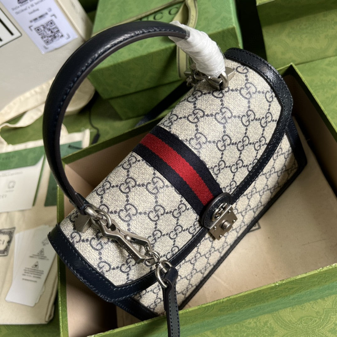 gg Ophidia Small Top Handle Bag Beige And Blue gg Supreme Canvas  For Women 10in/25cm 651055 96IWN 4076